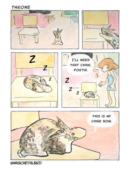 a comic in which Portia the rabbit eyes a chair. She jumps onto the chair. She is sleeping on the chair in the third panel. A human says, "I'll need that chair, Portia." The last panel is Portia raising her head and saying, "This is my chair now."