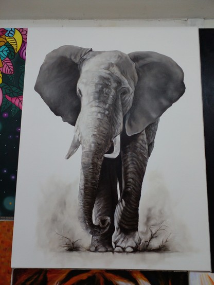 a painting of an elephant, a white background, the elephant is done in black and white