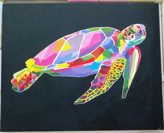 a painting of a sea turtle, a black background, the turtle is painted in a prism of different colors in geometric-style over the sections of its body