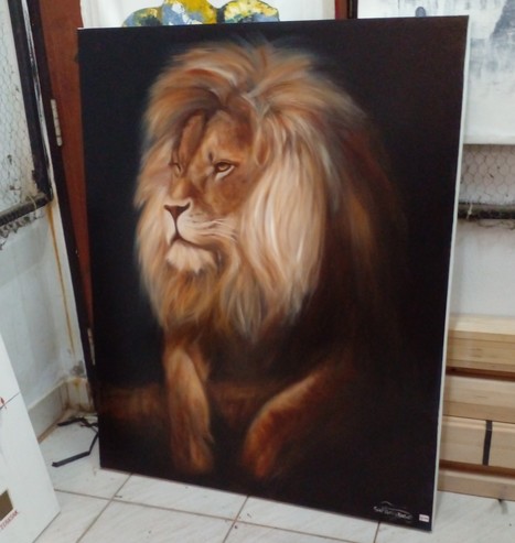 a painting of a lion, a large mane of hair, a dark background, it is resting on a tree or a rock