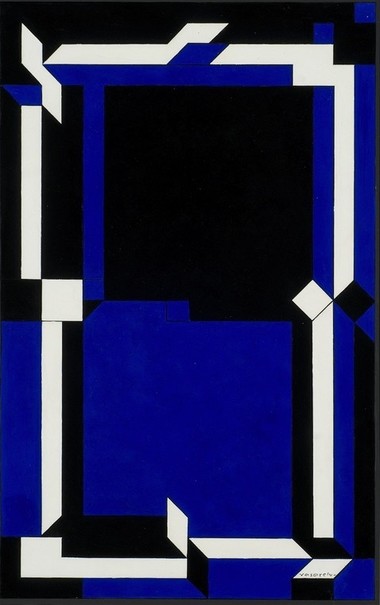 a painting of white and blue sections of color on a black background