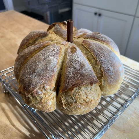 A loaf of sourdough bread, shaped like a pumpkin (lobed around the sides with a cinnamon stick poking out the top like a stem). It's also a little more orange in color than plain bread, from the inclusion of puréed pumpkin and spices.