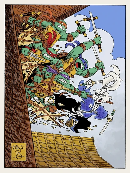 an illustration in color of the ninja turtles bursting through the wall of a traditional japanese building, fighting usagi yojimbo, the samurai rabbit character, the sky is blue with clouds