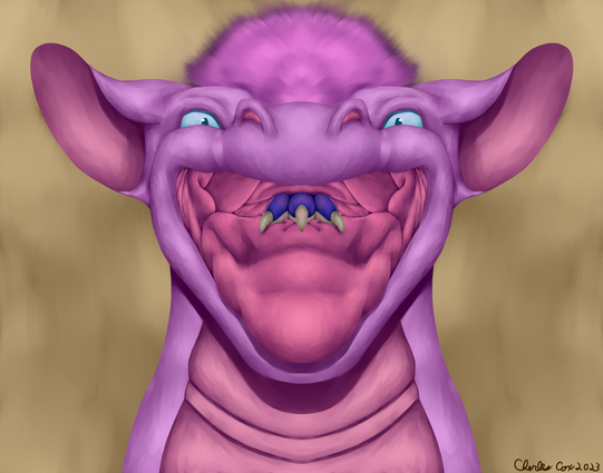 Portrait of a forward facing purple and pink dragoness.  They have their maw slightly open showing off the hand at the back of their throat.  The hand is gripping the back of the tongue as it lifts to swallow the last of the blue kobold down.  The neck of the dragoness has a bulge going down it from the blue kobold.