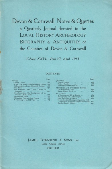 The front cover of Devon & Cornwall Notes & Queries 26:6 for April 1955. Pale blue with title, publisher and table of contents, including articles on Cornish Crosses, Bishopsteignton and Photography for Archaeologists.