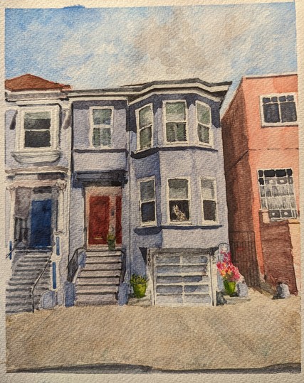 A watercolor painting shows a purple-blue, two-story Edwardian-style residential building in San Francisco's Inner Sunset District. The North sides of the bay windows are in Shadow with the afternoon sun adding to the west.