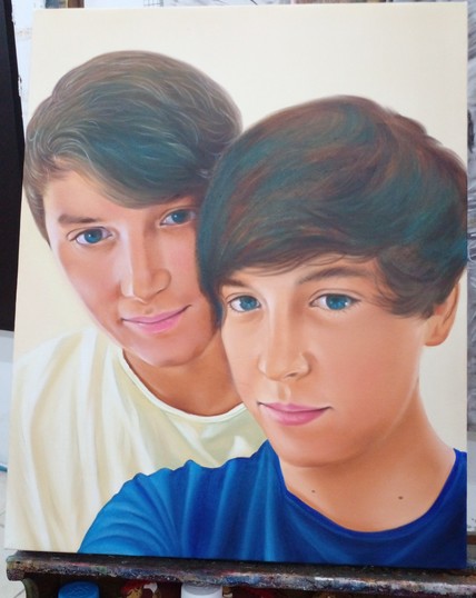 a painting of two teenage boys, brothers, with brown long-ish hair, they have blue eyes, one is wearing a yellow shirt and the other a dark blue one, a very light tan background behind them