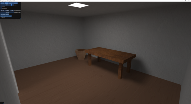 Another low-poly, lightmapped and textured room with a table and a plant pot without plant.