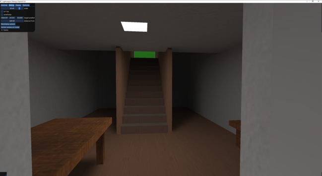 A low-poly, lightmapped and textured room with a staircase leading outside.