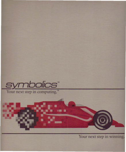Symbolics' brochure cover with a red pixelated race car and the slogan "Your next step in computing. Your next step in winning."