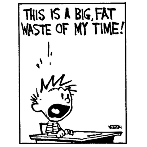 Don't waste valuable meeting time having experts presenting to "learners". A panel from a Calvin and Hobbes cartoon. Calvin is sitting at a school desk saying "THIS IS A BIG, FAT WASTE OF MY TIME!"