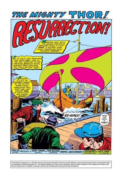 a page from the comic, the first page, in blue letters at the top it says 'the mighty thor! ' in red letters below 'resurrection', the full page panel is a norse viking boat arriving in the port of modern day new york city, the dockworkers in shock
