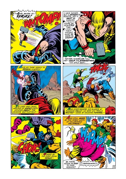 thor in a battle with multiple villains