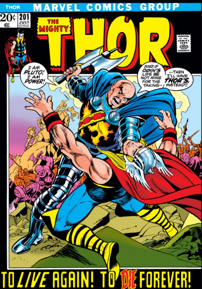 the cover of the comic, thor being overpowered by a character with silver armor, a blue cape, and an axe, thor is on his knees, there are barbarian warrors in the background fighting. the title in red and yellow letters reads 'the mighty thor'