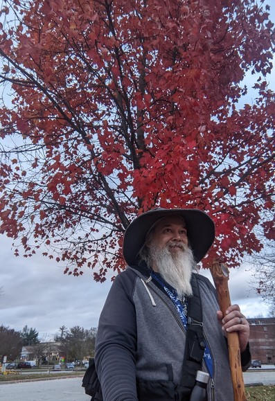 middle aged man with grey beard and gandalf style hat and staff