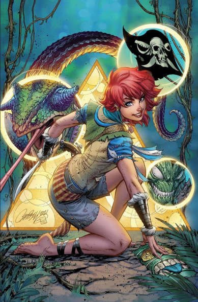 a comic book cover, without text, a red-haired girl is on one knee, a knife in her hand that is back, her hand in the front hand resting on a mask in the ground, circles around her featuring different characters and images from the series: a dragon lizard, a pirate flag, and a monster character, the background green-blue, she is wearing shorts, is barefoot and has a khaki vest top with a green shoulder piece and blue short-sleeved undershirt on with strap over her shoulder