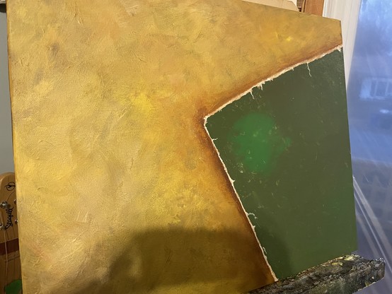 An unfinished canvas with a mottled yellow background. On the right side a damaged canvas is being depicted, sitting at an angle. It is currently a dark, muted green with a raw edge. One small area is a brighter green as if it’s been cleaned.