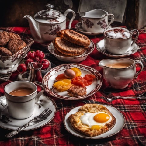 Breakfast art: tea, egg on French toast, cooked breakfast, tea, coffee, bread, assorted baked items and red fruit on red tartan table cloth