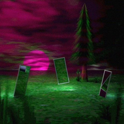 un paysage de couleurs violet et vert effrayant. une lune violette et un arbre en arriÃ¨re-plan. 3 miroir flottant au premier plan. style de texture ps1