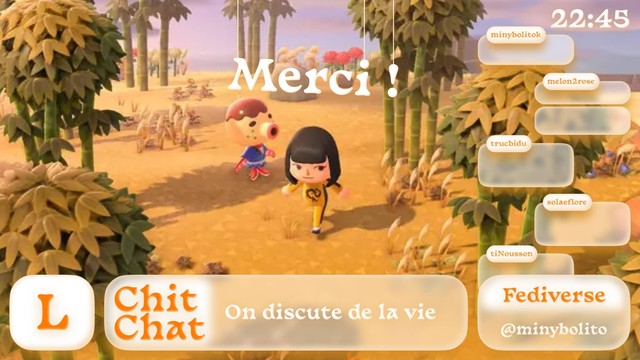 overlay de stream twitch en just chatting. on y voit le titre, le tchat et les réseaux sociaux, dans un style claymorphisme, glassmorphisme, avec une palette de couleur orangée