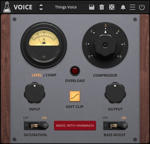 UI of Things Voice with Level/Comp, Compressor, Input, Soft Clip, Output, Saturation and Bass Boost controls.