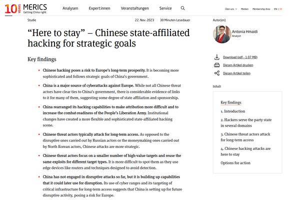 Screenshot der Website von Merics

Studie: "Here to stay" - Chinese state-affiliated hacking for strategic goals

Key findings...