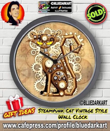 Steampunk cat vintage style Copyright BluedarkArt TheChameleonArt ● Wall Clocks are available for sale in the BluedarkArt Cafepress Shop
