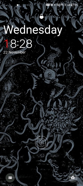 A phone lock screen featuring depictions of lovecraftian entities in a Vinyl Press style