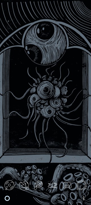 A phone home screen featuring a lovecraftian deity in vinyl press style