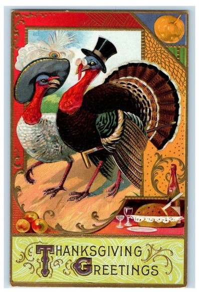 Turkey and Peahen are decked out in formal attire like a top hat.