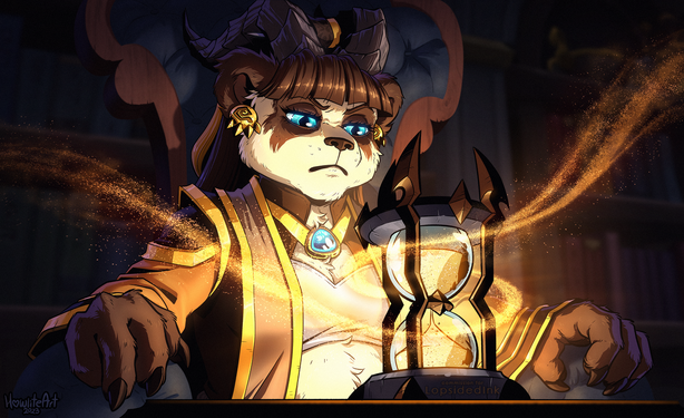 Digital art of a female pandaren (with dragon horns), dressed in robes and sitting in a tall chair behind a table, facing a glowing hourglass with swirling golden sand around it. She is dramatically lit from below, by the hourglass, and is scrutinizing its contents. (It's a parody of the "pondering my orb" meme.)