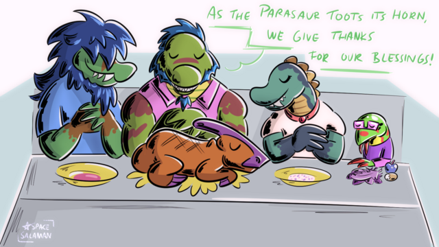 The Matactl family happily together around the table, Rayan, Alfonso and Gabriela, and Tial! They have a roasted parasaurolophus on the table, and praying together. Tial has leaves, an apple, and an egg, as they are herbivore!
