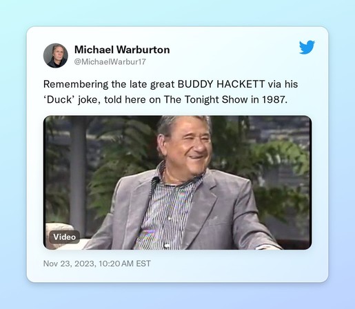 Remembering the late great BUDDY HACKETT via his ‘Duck’ joke, told here on The Tonight Show in 1987.

 https://t.co/JQZOSqt8eo