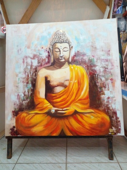 a painting of the Buddha wearing orange robes, meditating, facing the viewer