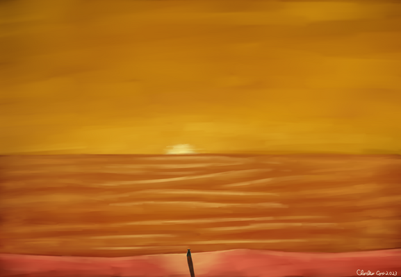 A golden sunset set lights the sky.  Below is a vast sea of golden red sand.  Before it on a massive red cliff stands a small tan kobold in white robes.  They look over the landscape before them.