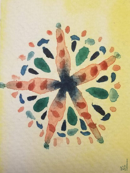 Stylized watercolor of a spindly orange sea star on a yellow background. A pattern of green, blue, & orange dots and drops form rings around the star, appearing in between the star's arms.