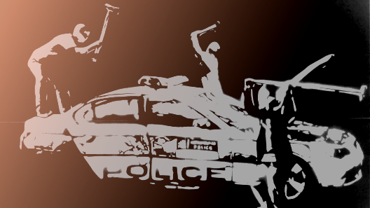 Schwarz weiße Skizze/ 
Umrisse von drei Menschen welche mit Hämmern und Hacken auf ein Polizeiauto einschlagen.