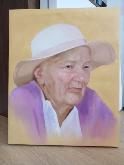 a painting of an elderly woman, looking to the right into the distance, with blue eyes, wearing a white shirt with lavender cardigan and a white sun hat with large brim, the background a naples yellow color