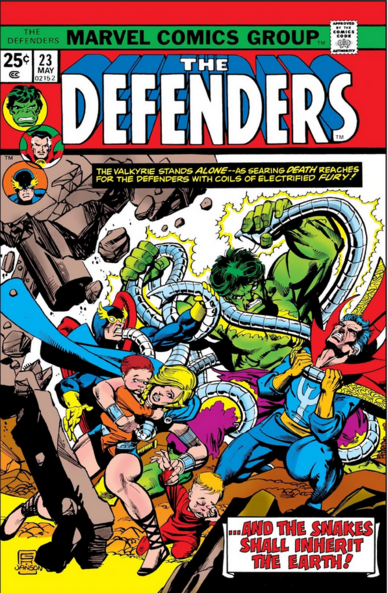 a cover of a comic book, at the top it says 'marvel comics group', under it it says in white and blue blocky letters 'the defenders', the illustration below is of Valkyrie, Dr. Strange, Hulk, and Nighthawk fighting with silver robotic snakes, they come out of the ground, the walls around the building crumbling in on them