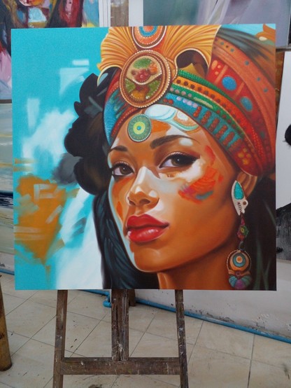 a painting of a woman looking at the viewer wearing an ornate headdress, the background is tones of tan and turquoise, she has ornate earrings too