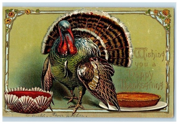 A very glorious plumage'd turkey with a pumpkin pie and glass bowl of red punch.