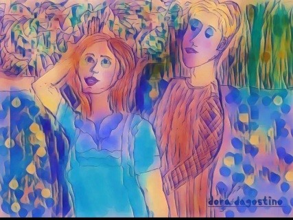 Original pensketch, digitally enhanced of a young man and woman