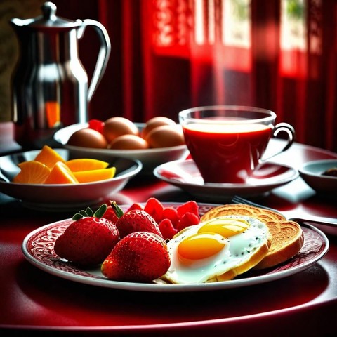 Breakfast art: Orange slices, strawberries, egg on toast, with boiled eggs and drink