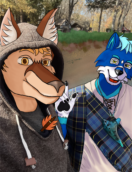 Lindsey, a male chocolate-vested sand fox, stands next to Seán, an icy blue male wolf, with the Renaissance Village in the background.
Lindsey is wearing a brown wool poncho and Seán is wearing a cream colored tunic with leather lacings, and a Gordon Modern tartan sash and Celtic Harp pin. Around Seán's neck hangs a green and aqua swirled 12-hole ocarina.
