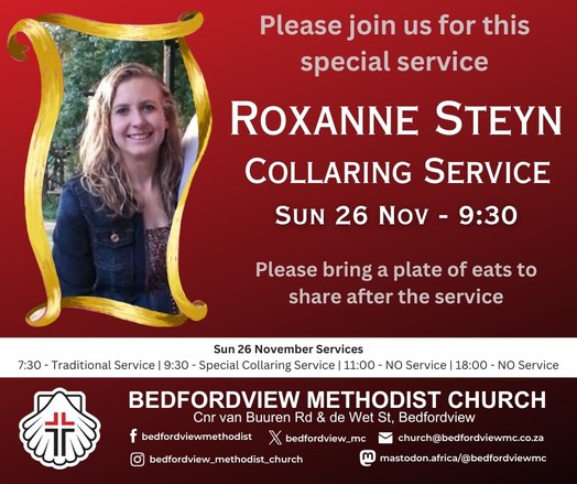 A poster advertising the special service, with a photo of Roxanne Steyn