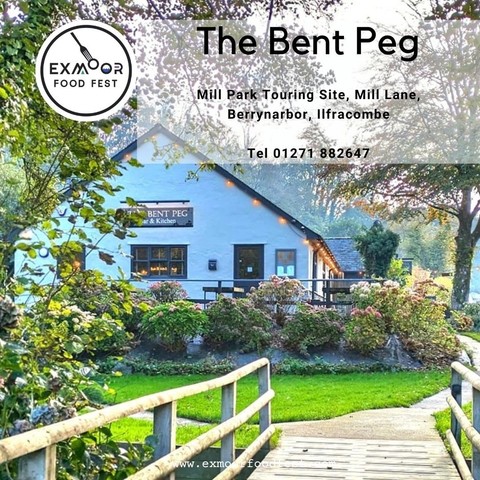 Photo shows a white house with a sign "The Bent Peg. Bar & Kitchen" set amongst trees. A wooden bridge leads to a lawn with a hydrangea border. The text on the photo reads: The Bent Peg, Mill Park Touring Site, Mill Lane, Berrynarbor, Ilfracombe. Tel 01271 882647