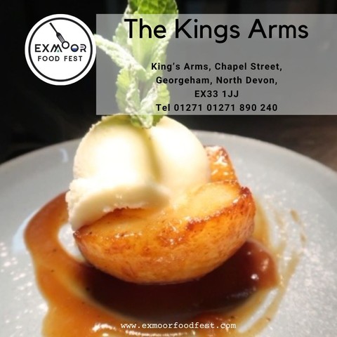The photo shows a dish with a fruit dessert, garnished with icecream and mint. The text reads: The King's Arms, Chapel Street, Georgeham, North Devon, EX22 1JJ, Tel 01271 890240.
In the corner is the Exmoor Food Fest logo, a fork picking up the o from Exmoor.