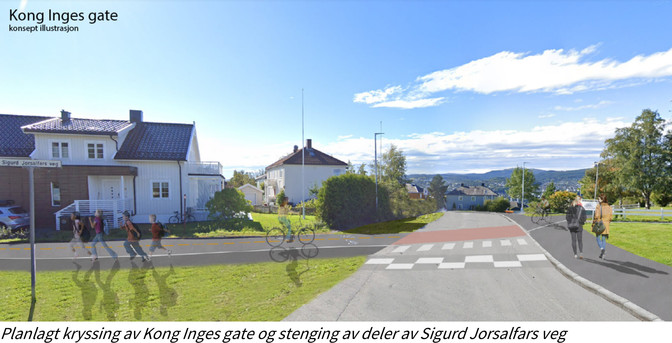 Idealisert bilde av planlagt sykkelvei over Kong Inges gate i Trondheim