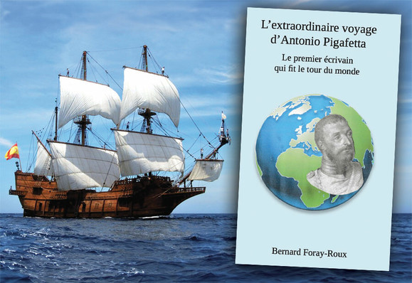 Photomontage de la couverture du livre « L’extraordinaire voyage d’Antonio Pigafetta » sur un arrière-plan où apparaît une reproduction du navire « La Victoria ».
