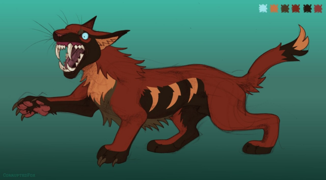 A full body picture of a red feline with raised paw and open muzzle. The background is turquoise.
